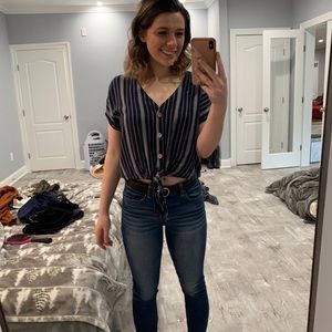 90s style blue striped button up shirt